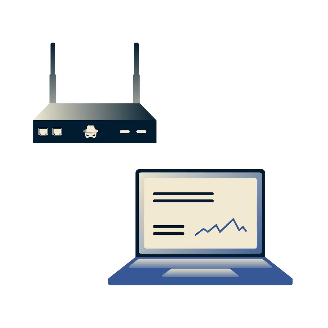En router med et kranie med kryds og tværs, der stjæler data fra en bærbar computer via Wi-Fi.