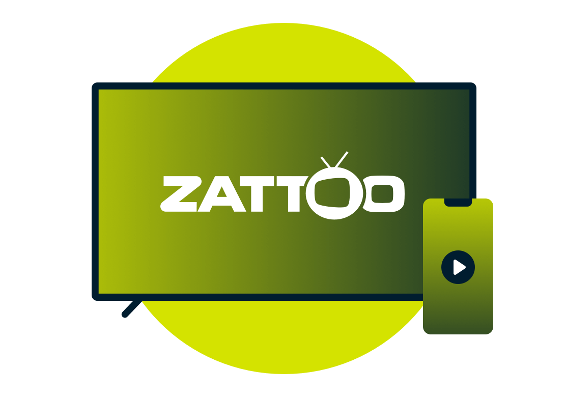 Kannettava tietokone ja puhelin, jossa on Zattoo-logo.